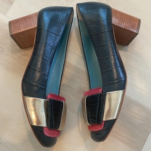 Frances Valentine  New York “Kit” Navy Blue Pink Calf Hair Textured Pumps Size 8 - Picture 4 of 8